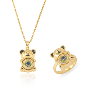 Mechanical golden bear jewelry set with zircon necklace and matching rotating ring