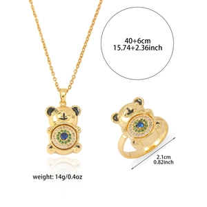 Rotating golden bear necklace and ring set with colorful zircon and steel chain