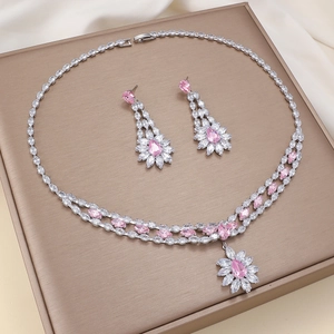 Elegant Flower Necklace And Earrings Pink Cubic Zirconia Alloy Silver Plated Wedding Bridal Party Accessories For Women
