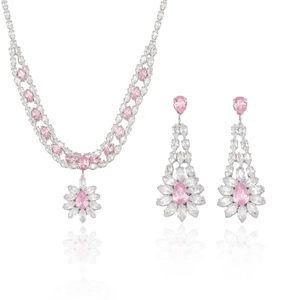 Elegant jewelry set with pink pear-cut crystals, floral necklace and drop earrings