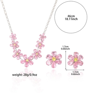 Set gioielli fiore in zircone con collana e orecchini in cristallo rosa