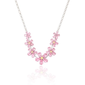 Set collana con fiori rosa con gemme gialle e catena in argento con zirconi lucenti
