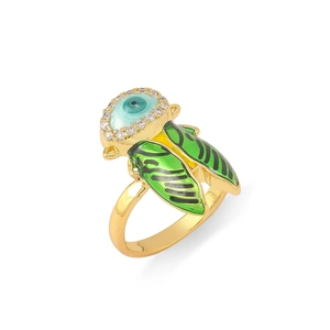Bague insecte plaquée or exquise avec ailes en émail vert et détail œil bleu