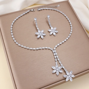 Collana In Zirconia Fiore Orecchini Pendenti Acciaio Al Titanio Rame Elegante Moda Donna Sposa Matrimonio Festa