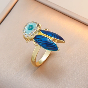 Golden cicada ring with evil eye enamel design and crystal accents for women