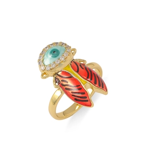 Creative gold cicada open ring with red enamel wings and blue evil eye gemstone inlay