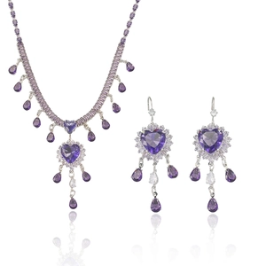 Elegant purple heart zircon jewelry set with necklace and drop earrings on white background