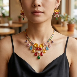 Colorful zircon butterfly jewelry set with necklace and earrings on female model