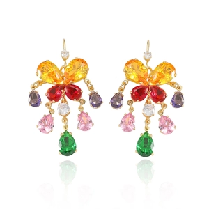 Colorful butterfly tassel earrings with vibrant multi-color gemstones and gold-plated finish