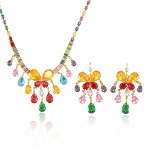 Elegant gold necklace and earring set with vibrant multicolored pear-cut zircon stones