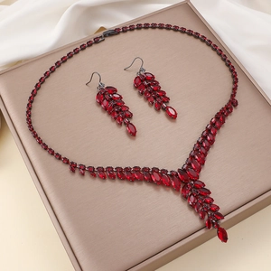 Collier Et Boucles D'oreilles Frange Épi De Blé Avec Zircone Cubique Rouge Marquise Bijoux En Cuivre Pour Femmes Fête