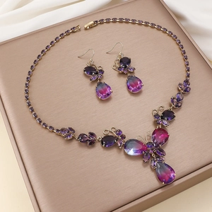 Parure Collier Et Boucles D'oreilles Papillon Bijoux Zircon Violet Dégradé Acier Titane Élégant Mode Femme