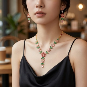 Floral emerald zircon necklace and earring set with golden finish on model