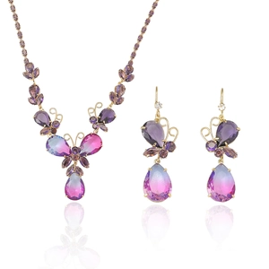 Parure bijoux papillon doré avec collier pendentif en zircon violet et boucles d'oreilles