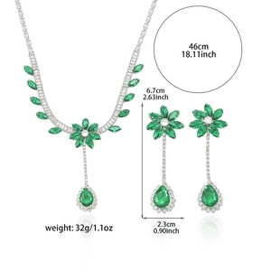 Elegant emerald green jewelry set with water-drop necklace and long floral earrings