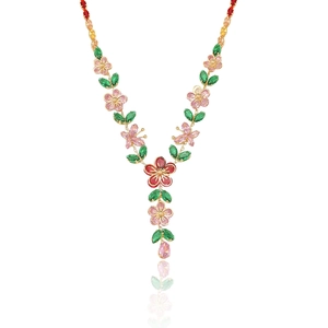 Floral zircon necklace set with colorful sun flowers and pink drop pendant on white background