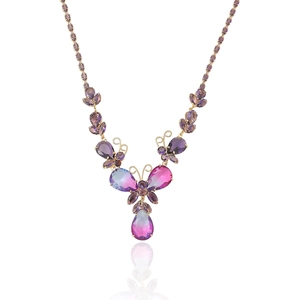 Parure collier papillon doré avec pierres en zircon violet et rose dégradé