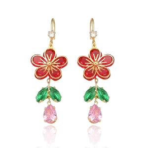 Fashionable floral drop earrings with emerald green leaves and red petal stones