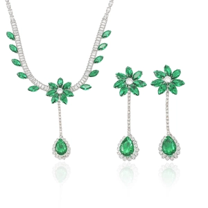 Emerald green flower jewelry set with silver necklace and teardrop zircon earrings