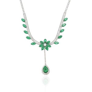 Elegant emerald zircon floral necklace set with marquise leaves and pear drop pendant