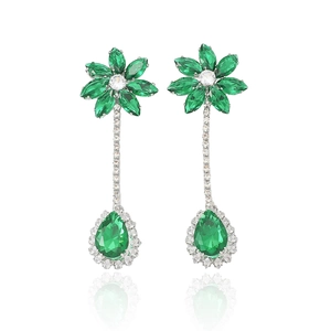 Elegant emerald flower drop earrings with silver finish and cubic zirconia accents