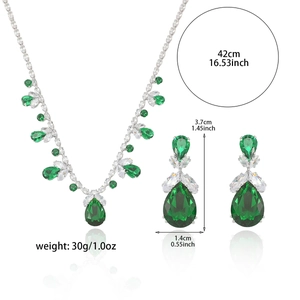 Elegant green zircon jewelry set with pear-shaped necklace and drop earrings on white