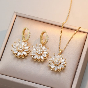 Bijoux Tournesol Rotatif Plaqué Or Acier Titane Zircon Collier Pendentif Fleur Boucles Oreilles Créoles Élégantes Femmes