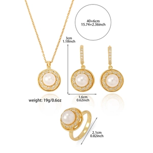 Detailed view of gold pearl jewelry set with necklace dimensions and earrings size