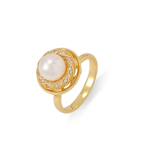 Detailed macro view of golden spiral ring with central white pearl and pavé crystals