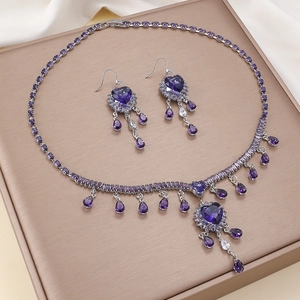 Heart Purple Zircon Necklace Earrings Jewelry Copper Elegant Luxury Water Drop Pendant Women