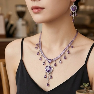 Fashionable purple heart zircon necklace and earrings jewelry set for women worn by model