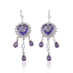 Elegant purple heart zirconia earring set with crystal water drop tassels and silver hooks