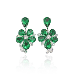 Emerald green zircon flower necklace and earring set with pear-cut floral design