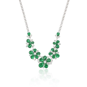 Green zircon flower necklace set with silver chain and white marquise stone accents
