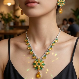 Parure collier et boucles d'oreilles fleurs en zircon avec pierres vertes et jaunes sur modèle