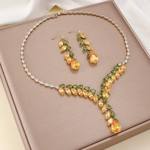 Elegant Copper Gold Plated Zircon Jewelry Marquise Wheat Ear Leaf Pendant Necklace And Earrings For Women