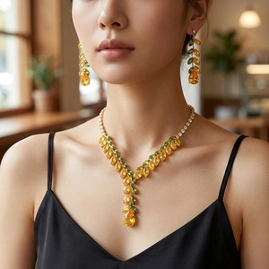 Elegant gold zirconia jewelry set featuring yellow pear-cut necklace and drop earrings