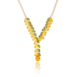 Elegant gold necklace set with yellow and green marquise gems and a large pear drop pendant