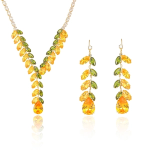 Golden wheat-shaped jewelry set with yellow and green marquise zircon necklace and earrings