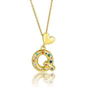 Collier doré avec pendentif lettre Q orné de cristaux colorés et breloque cœur