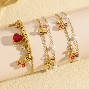 Stainless Steel Bracelet With Cubic Zirconia Cherry Pendants Faux Artificial Pearl Adjustable Fashion Jewelry Gift For Women