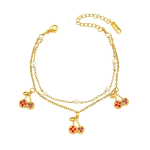 Golden double-layer stainless steel bracelet with pearl beads and cherry crystal charms