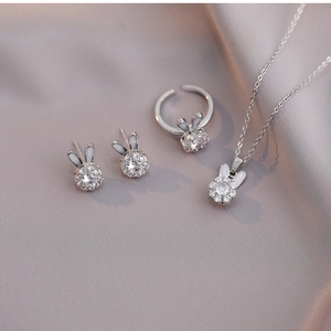 Rotatable Rabbit Jewelry Set Stainless Steel Pave Zircon Enamel Bunny Necklace Earrings Ring For Women Chic Niche Design