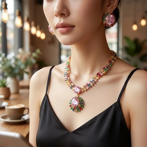 Bohemian colorful zircon floral necklace and earrings set worn in a cafe setting