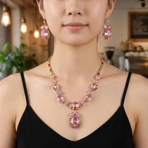 Fashion jewelry set with oval pink zircon necklace and floral drop earrings for women