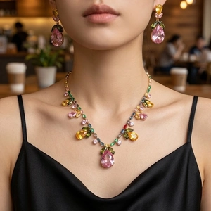 Exquisite gold jewelry set with colorful pear-cut gemstones worn by a fashion model
