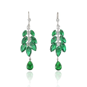 Elegant emerald green leaf earrings with zircon tassels and silver metal plating