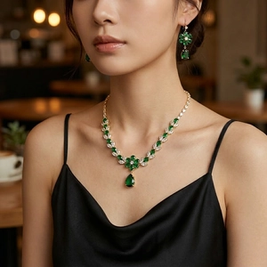 Emerald flower jewelry set with necklace and drop earrings on a sophisticated model