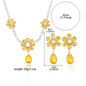 Silver necklace and yellow flower zircon earrings set with product size details