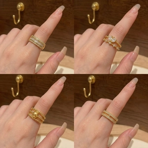 Adjustable Open Rings For Women Gold Plated Alloy Zircon Flower Crown Geometric Multi Layer French Elegant Jewelry
